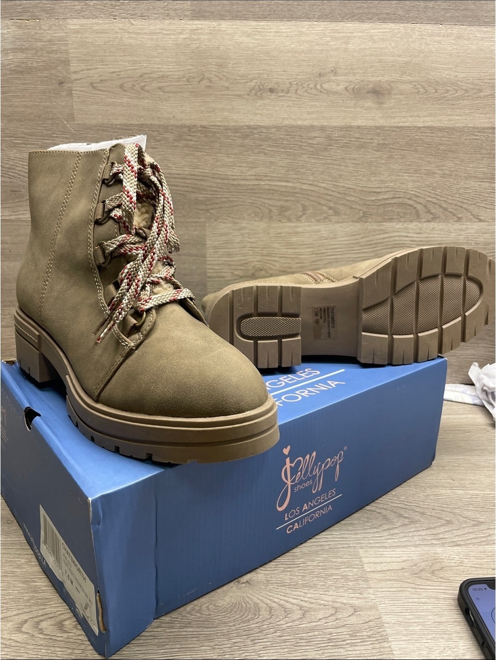 Jellypop Olive-Tan Lace-Up Lug Boots with Patterned Laces #343